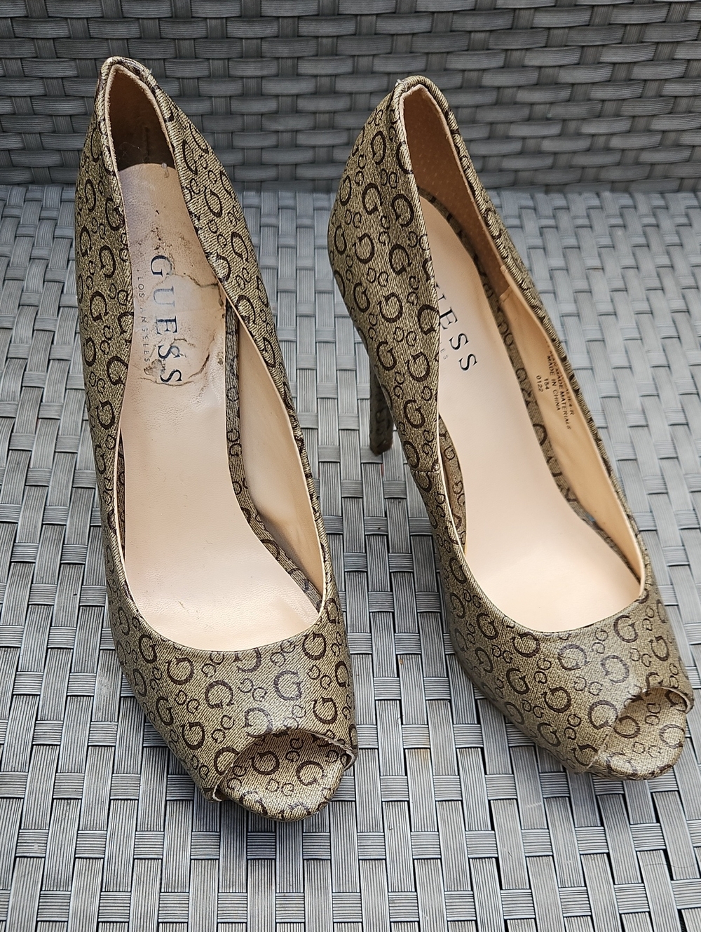 Guess Monogram Peep-Toe Stiletto Pumps in Metallic Gold and Brown